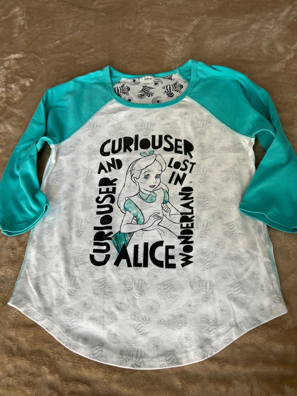 Disney White Tee with Teal Trim and Black Cheshire Cat Print